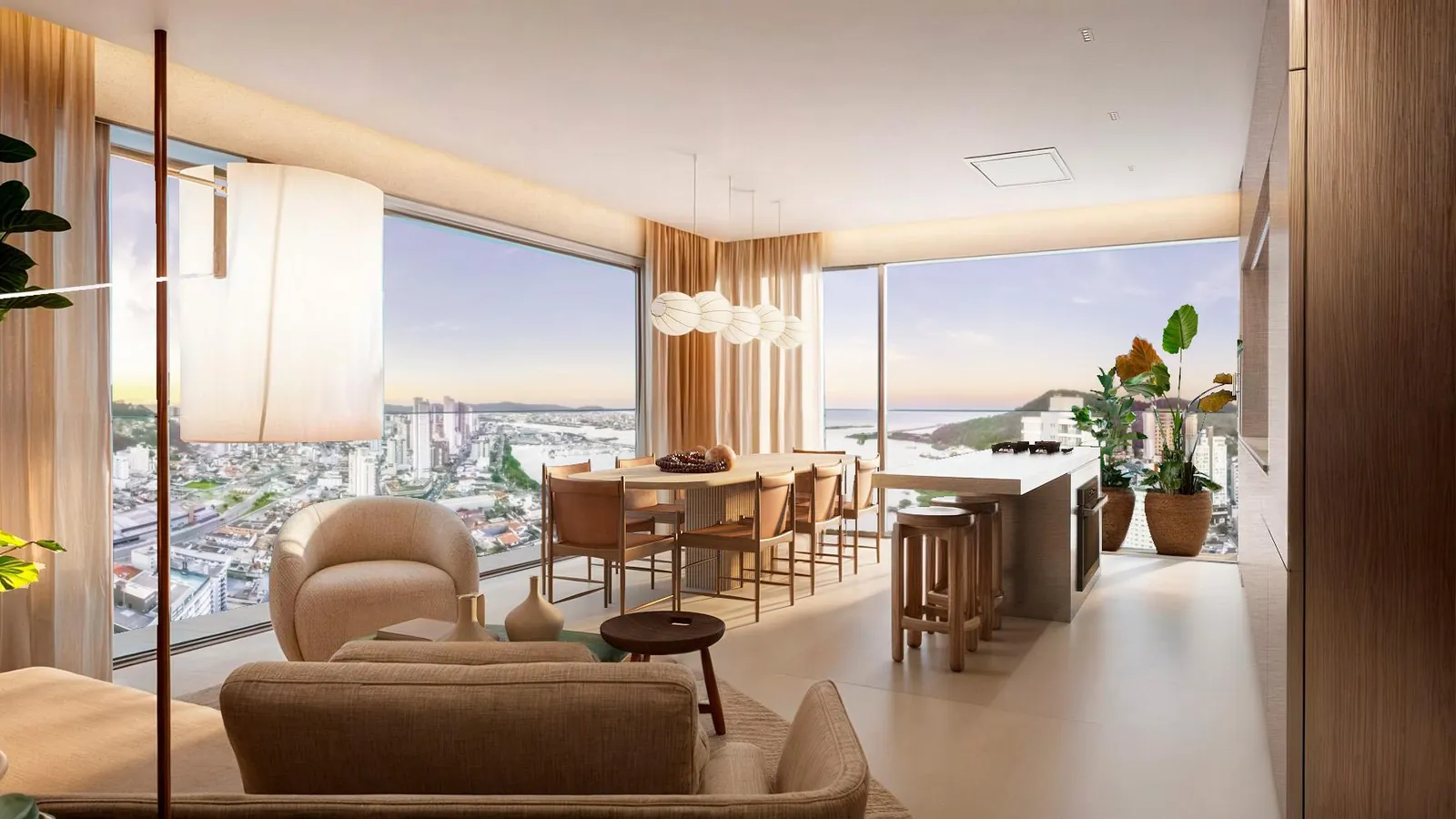 Living integrado do apartamento de 140 m²